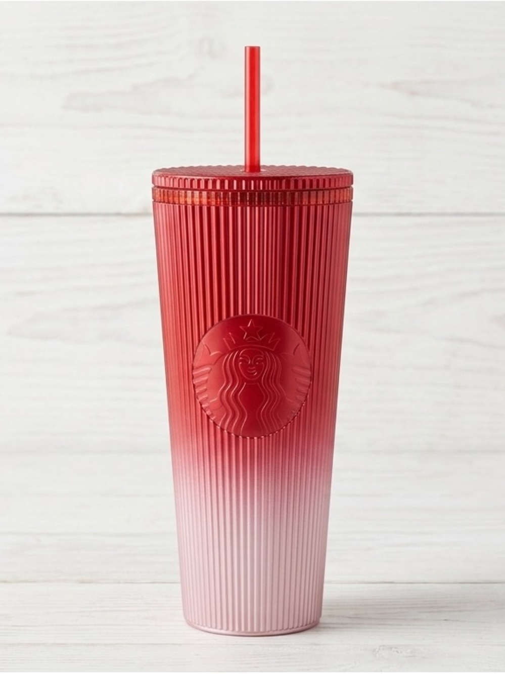 Starbucks 2024 Winter Pleated Red Pink Ombre Venti Cold Cup Tumbler 24 oz NWT
